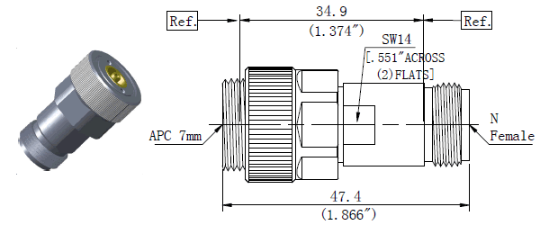 Microwave RF adapters APC-7 or 7mm to N Female