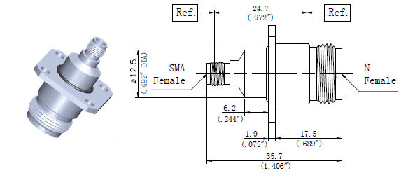 Panel mount 4 hole RF adapters N Female to SMA Female